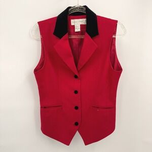 Vtg Y2K Red Wool Vest Black Velvet Trim Womens Sz 8 Formal Hunt Old Money Preppy